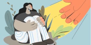 Unhappy millennial girl cry feel depressed lonely get help from huge hand. Upset sad woman distressed with problems, suffer from anxiety or panic attack. Psychotherapy, counseling, support.